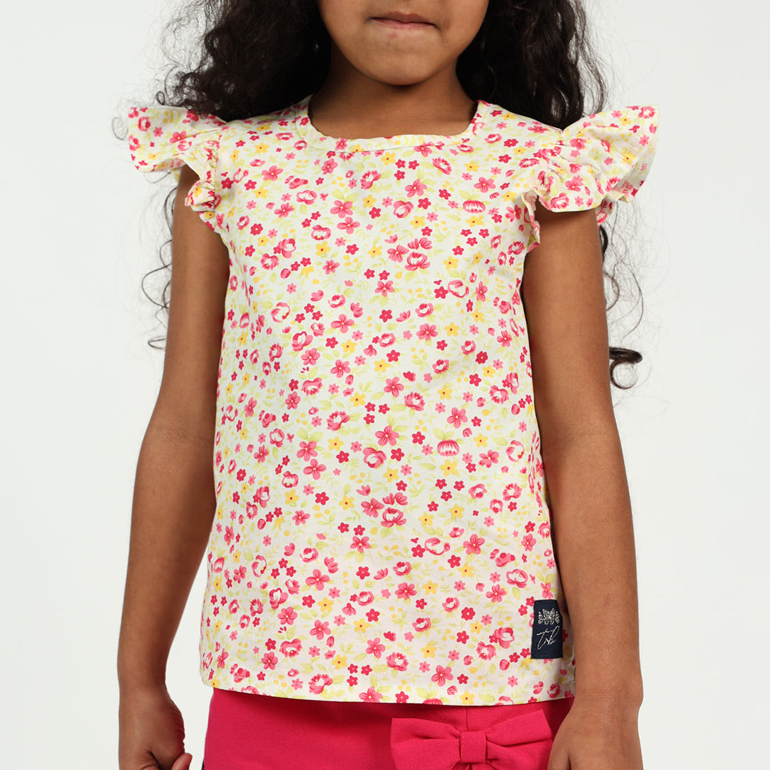 Girls Pink Daisy Puff Sleeve Top