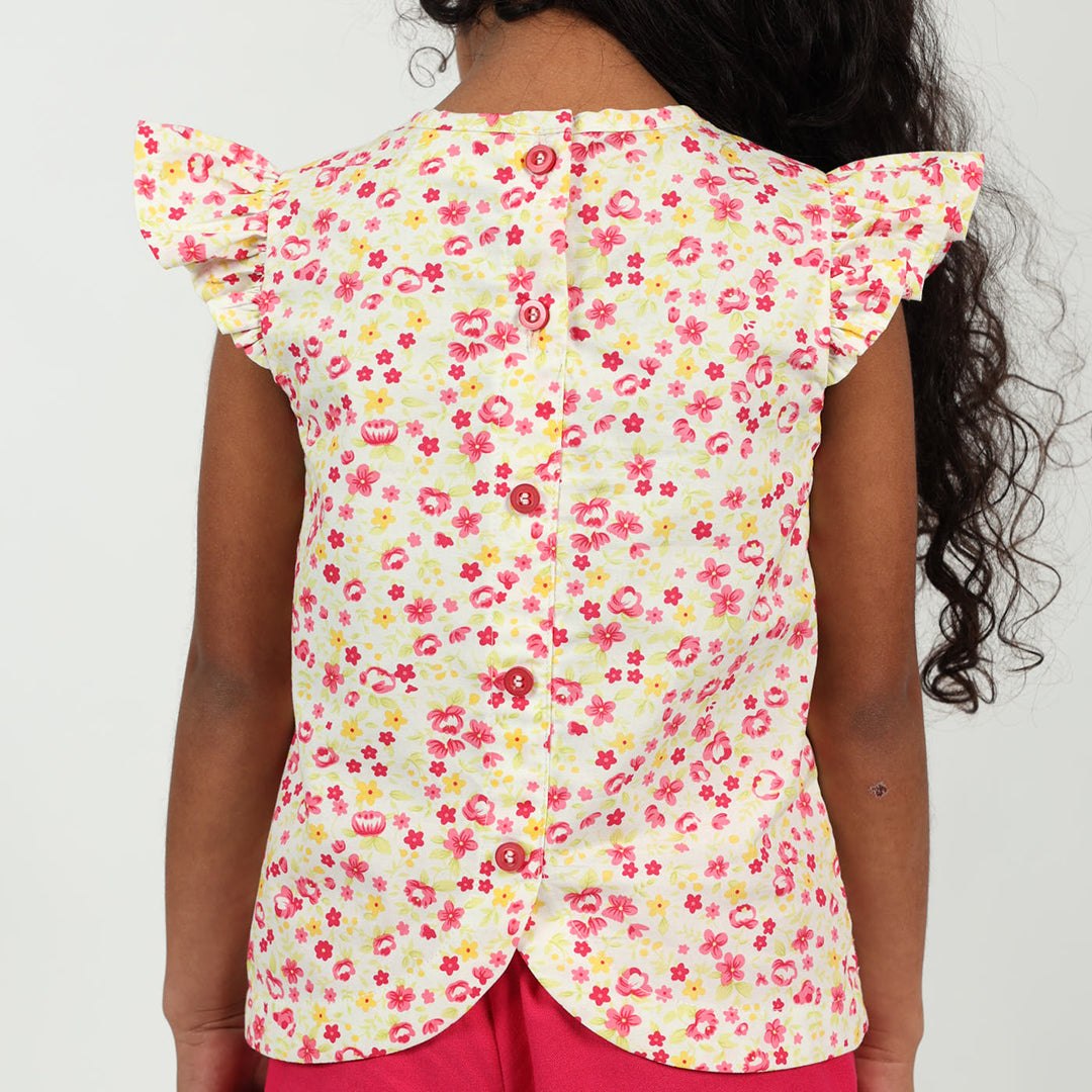 Girls Pink Daisy Puff Sleeve Top