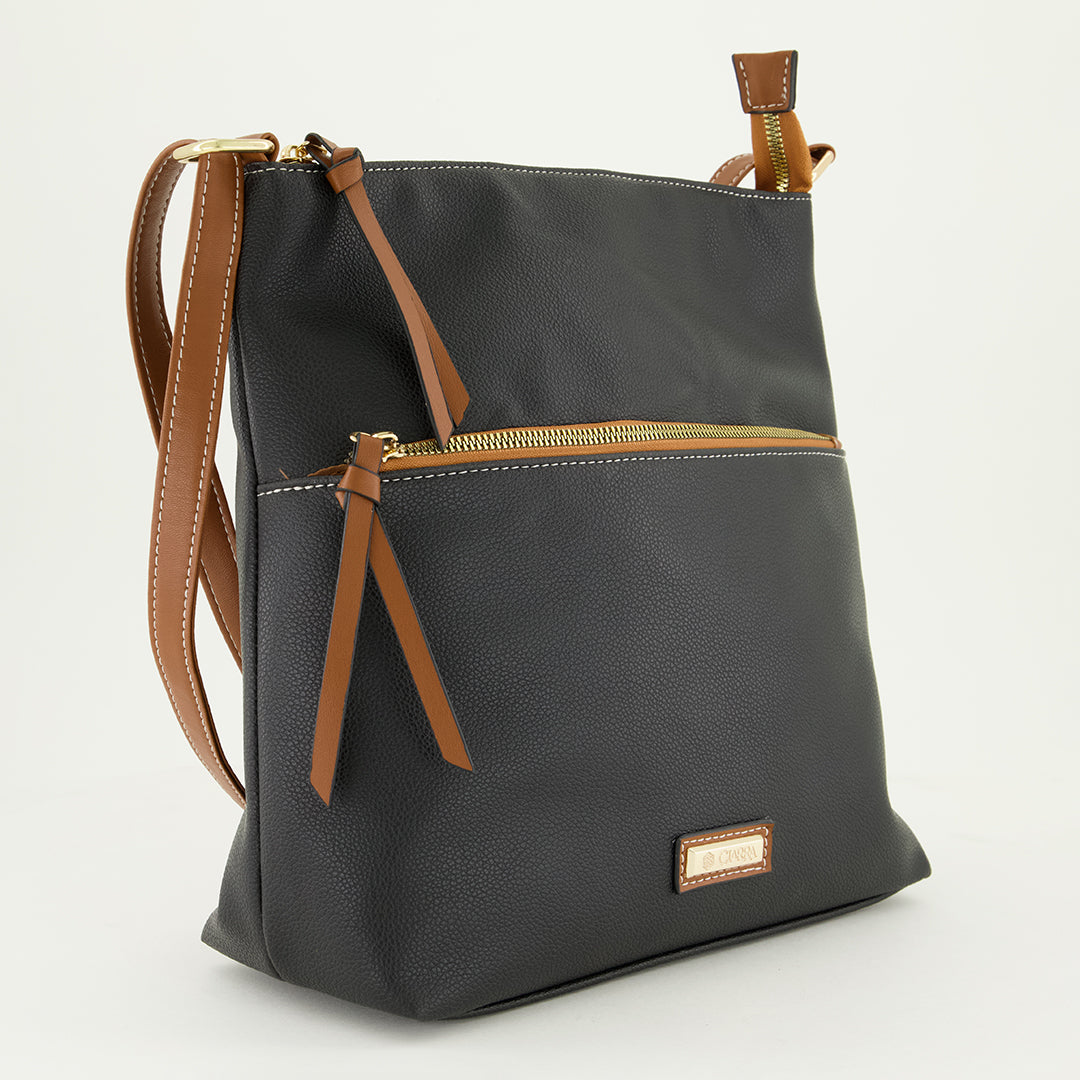 Double Crossbody Bag.Tan Strap And Zip Pullers.