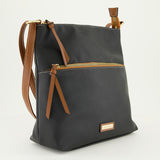 Double Crossbody Bag.Tan Strap And Zip Pullers.