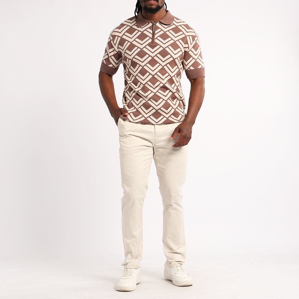 MENS BASIC SUPPLY TAUPE/STONE AOP KNIT GOLFER