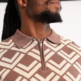 MENS BASIC SUPPLY TAUPE/STONE AOP KNIT GOLFER