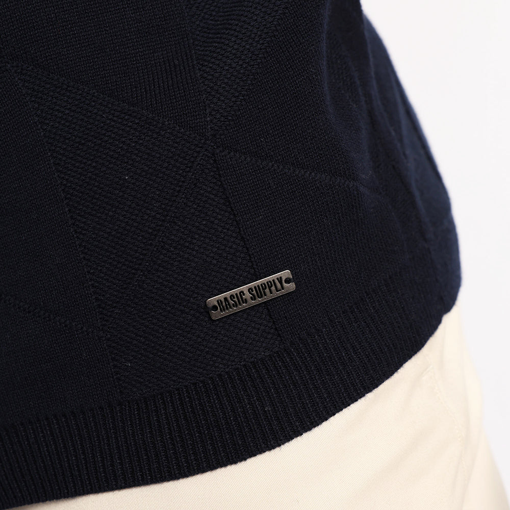 MENS BASIC SUPPLY NAVY JACQAURD KNIT 1/4 ZIP GOLFER