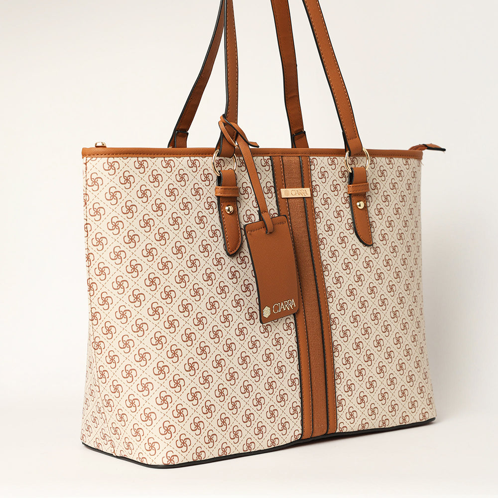 LADIES CIARRA TAN &amp; BEIGE MONOGRAM SHOPPER BAG