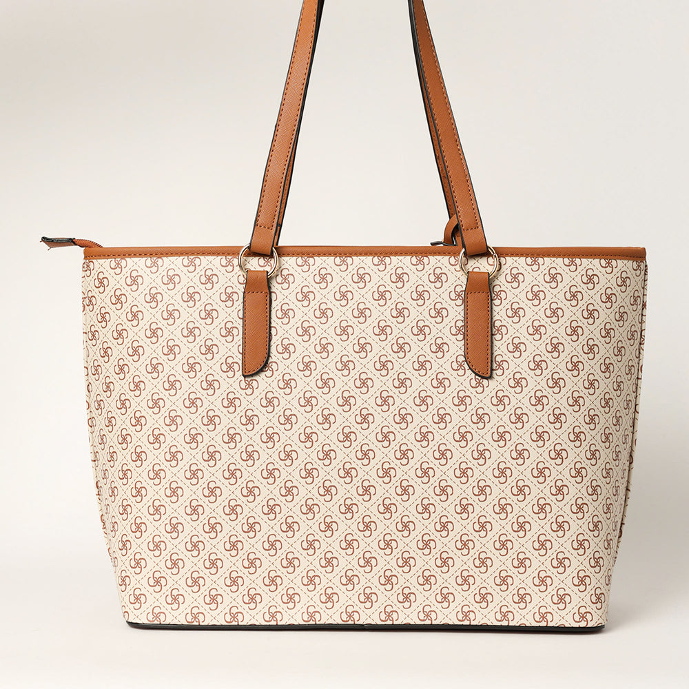 LADIES CIARRA TAN &amp; BEIGE MONOGRAM SHOPPER BAG