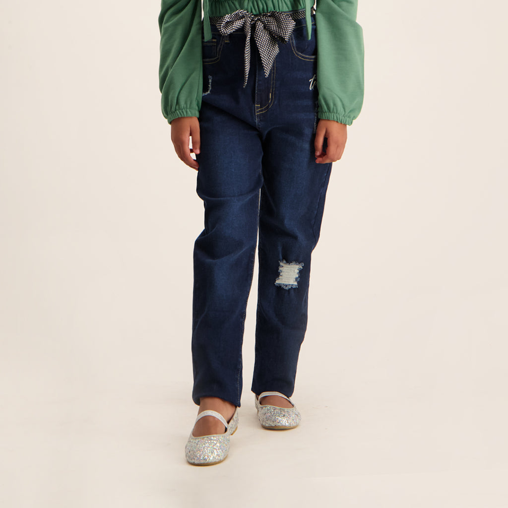 INDIGO DENIM PKT JEAN WITH CONTRAST TIE UP AND EMB DETAIL - Fashion Fusion 299.99 Fashion Fusion