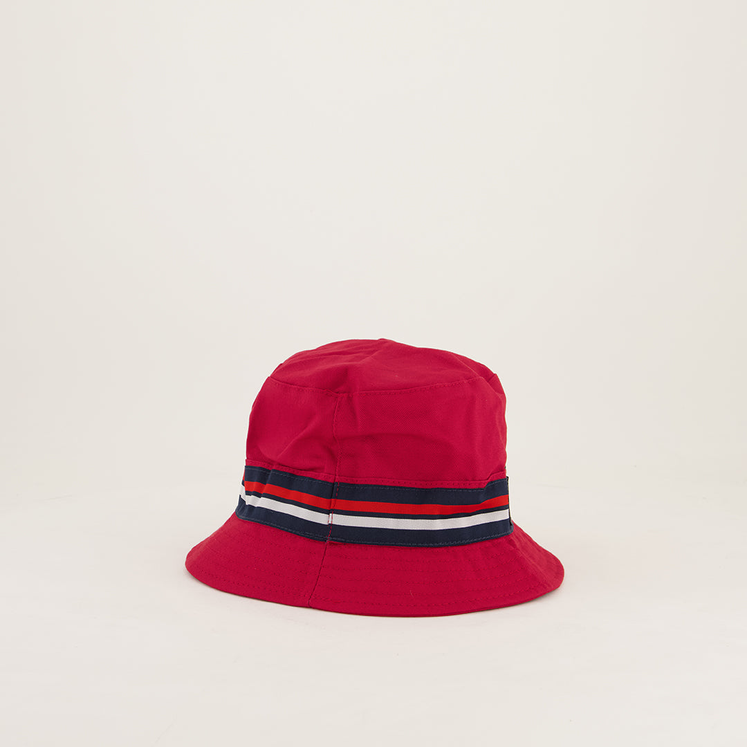 BOYS RED BUCKET HAT (TONAL STRIPE ON BRIM, STITCH LOGO)