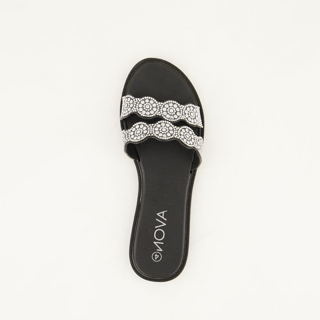 Nova Black Flower Diamante Double Strap Sandal.