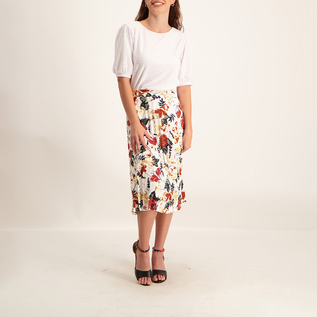 White/Navy/Red Floral Pleated Skirt