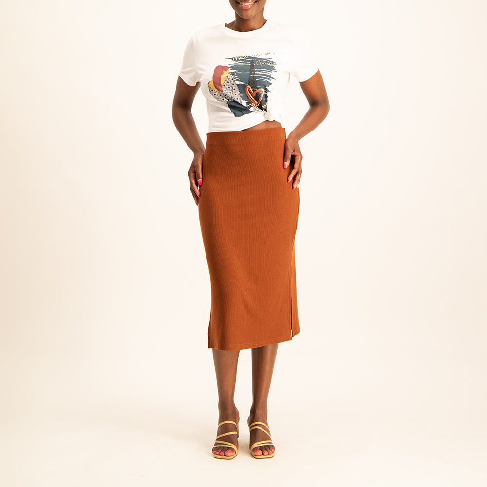 Rust pull on with double slit pencil skirt