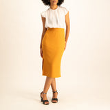 Mustard pull on with double slit pencil skirt