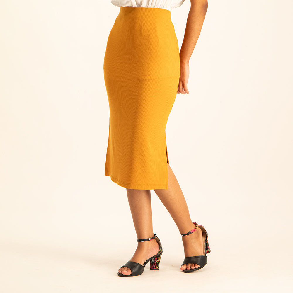 Mustard pull on with double slit pencil skirt