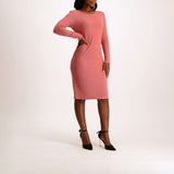 Pink long sleeve rib knit bodycon dress