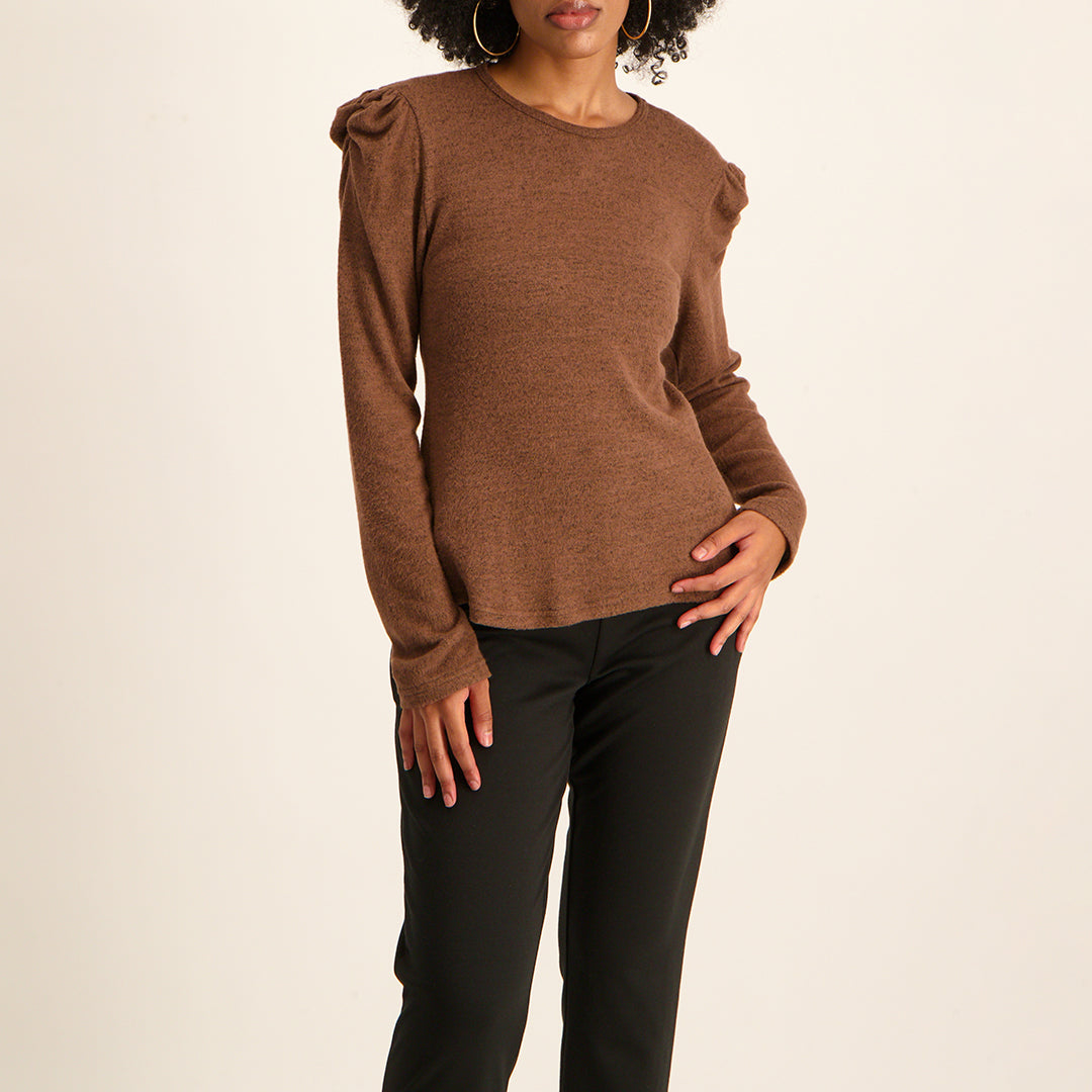 Choc long sleeve french knit puff shoulder top