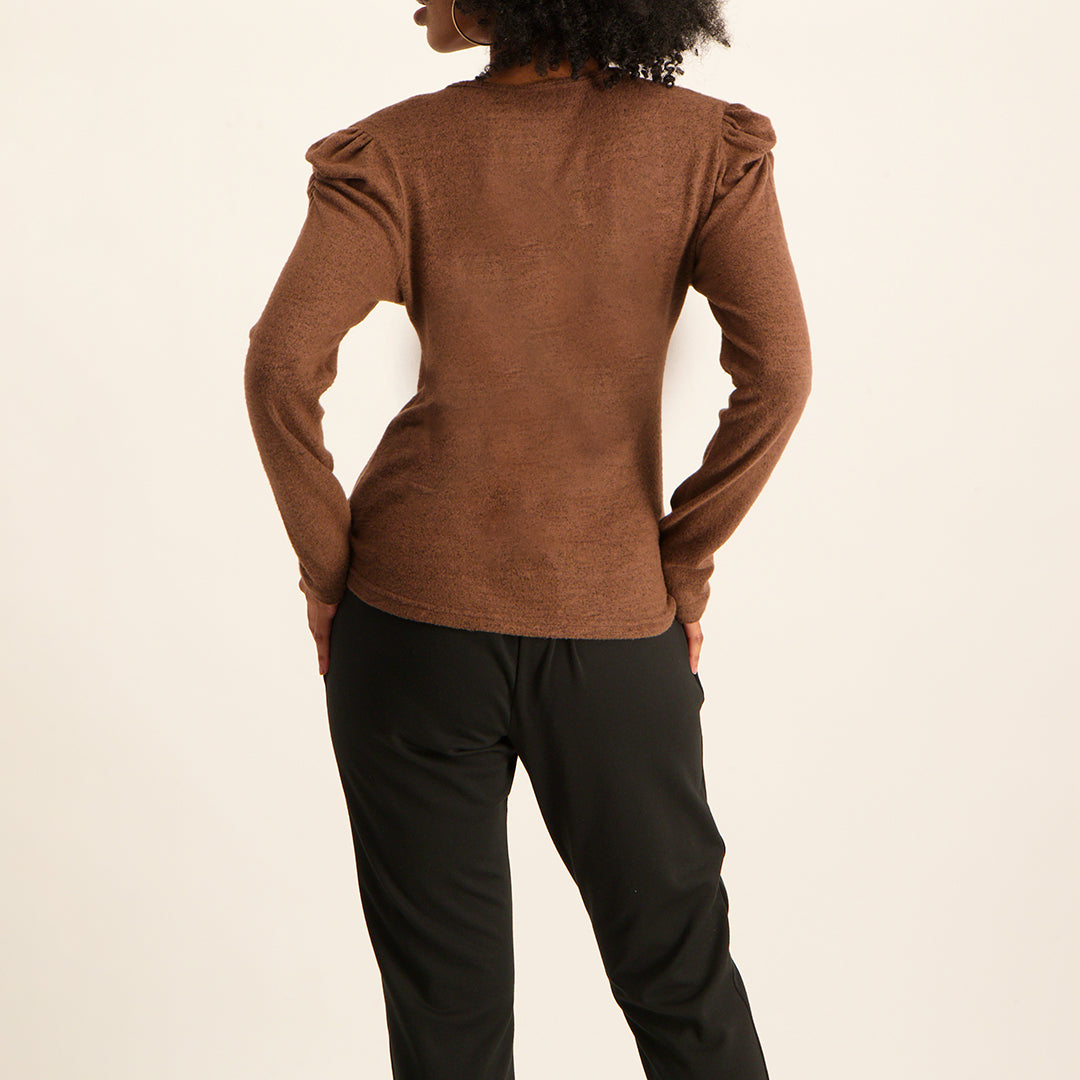 Choc long sleeve french knit puff shoulder top