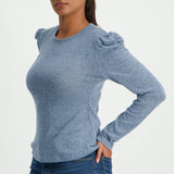 Blue long sleeve french knit puff shoulder top
