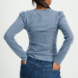 Blue long sleeve french knit puff shoulder top