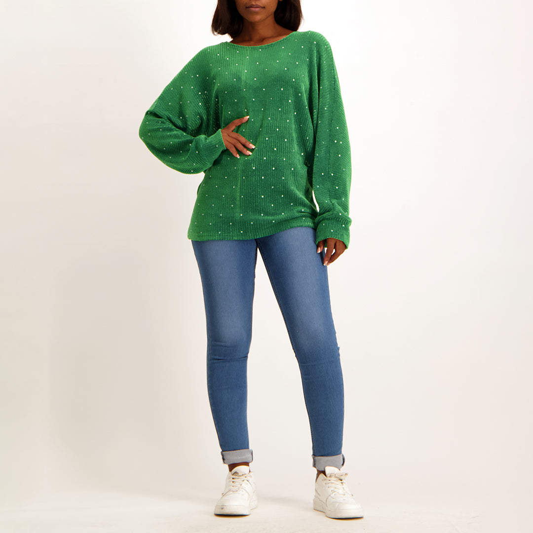 Green ladies longsleeve sequence knit jersey