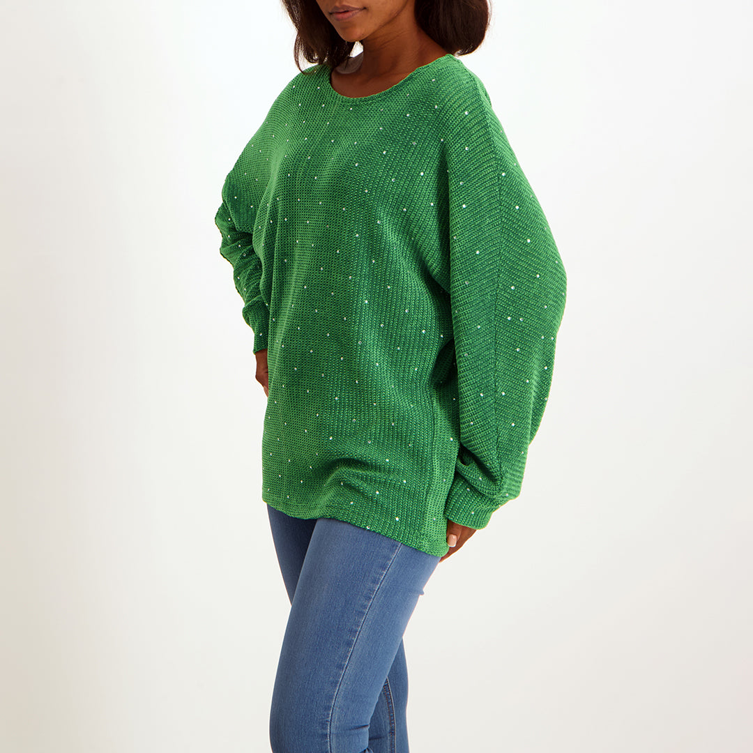 Green ladies longsleeve sequence knit jersey