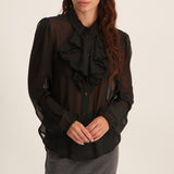 Black ladies longsleeve chiffon button blouse