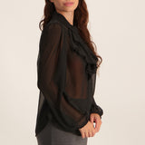 Black ladies longsleeve chiffon button blouse