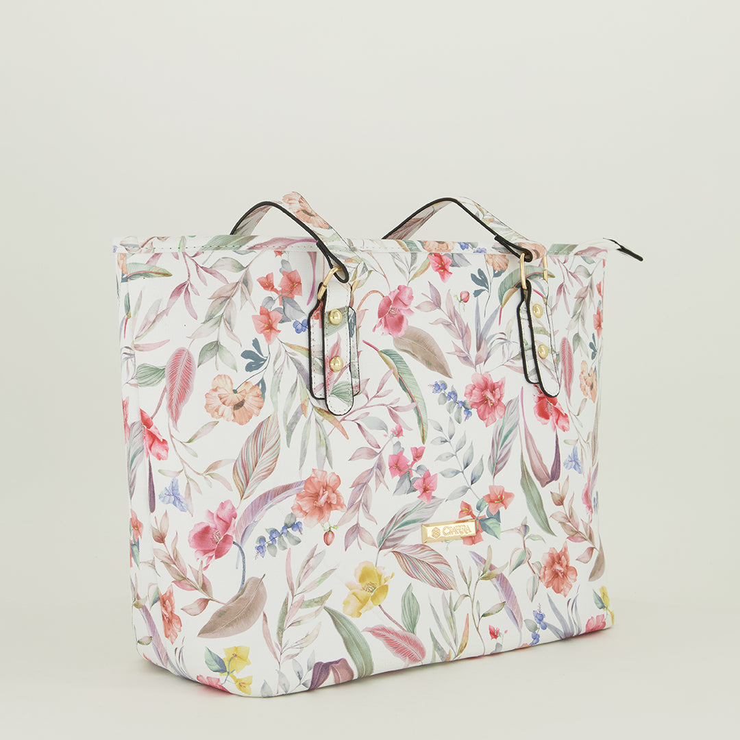 Ciarra Peach Floral Tote Bag.Gold Trims.