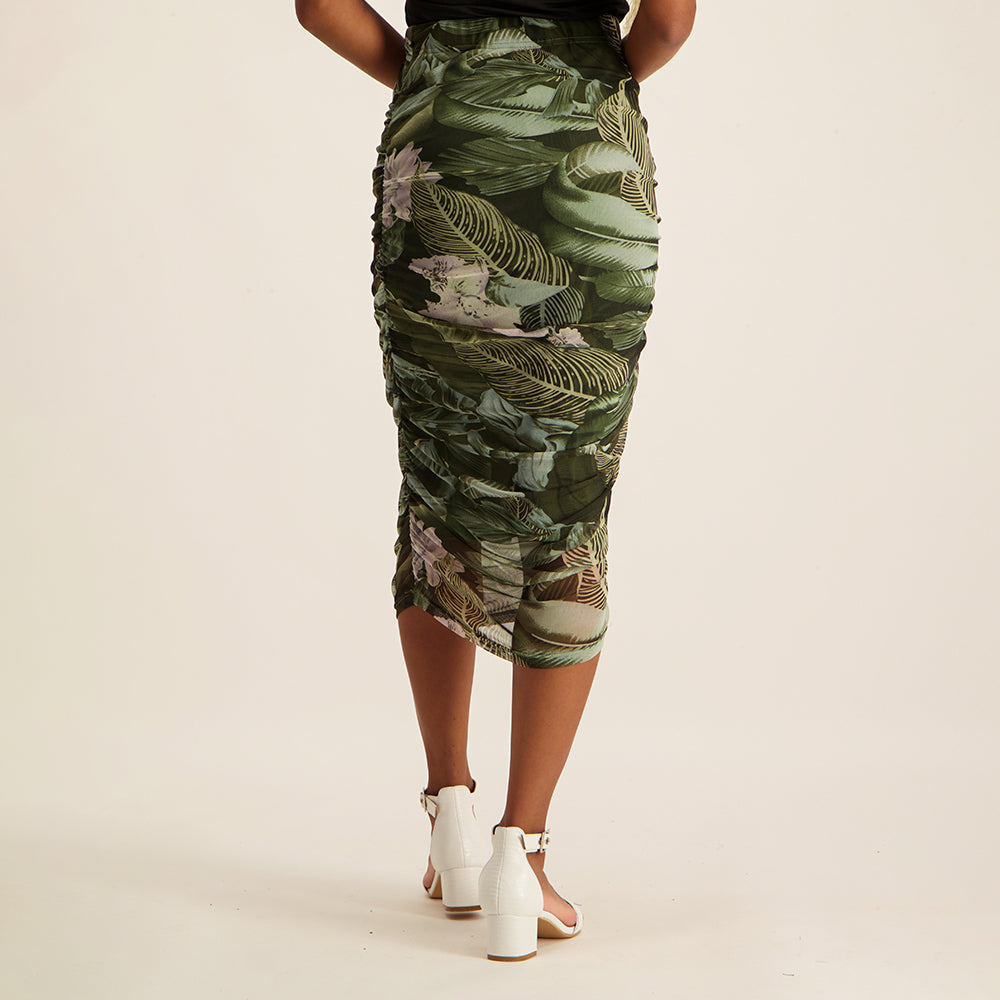 Nue Olive Printed Side Rouched Mesh Skirt