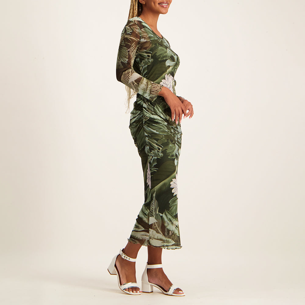 Nue Olive Printed  Side Rouched Mesh Dress