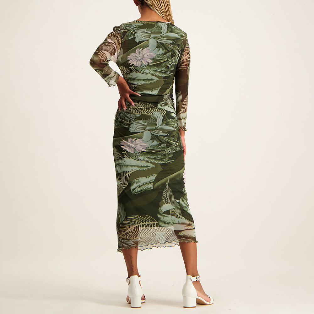 Nue Olive Printed  Side Rouched Mesh Dress
