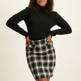 Ladies Ciarra Black/White Boucle Check Skirt w/ Mock Welt Pocket With Buttons