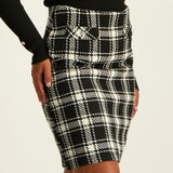 Ladies Ciarra Black/White Boucle Check Skirt w/ Mock Welt Pocket With Buttons