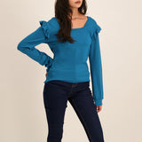 LADIES NOVA TEAL SQUARED NECK TOP WITH FRILL SLEEVE