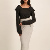 LADIES NOVA BLACK SQUARED NECK TOP WITH FRILL SLEEVE