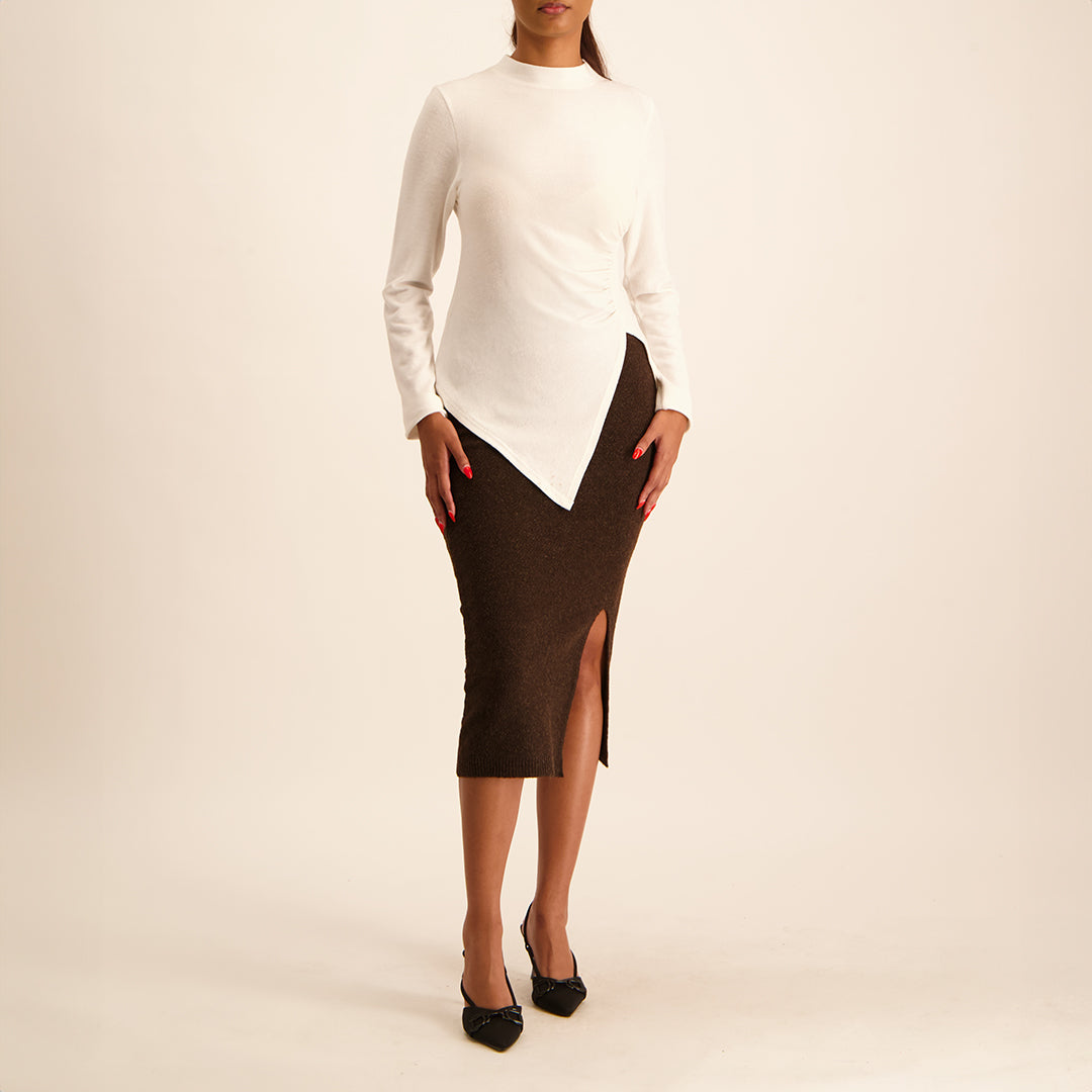 LADIES NOVA WHITE ASYMETRICAL KNITTED TOP WITH TURTLE NECK