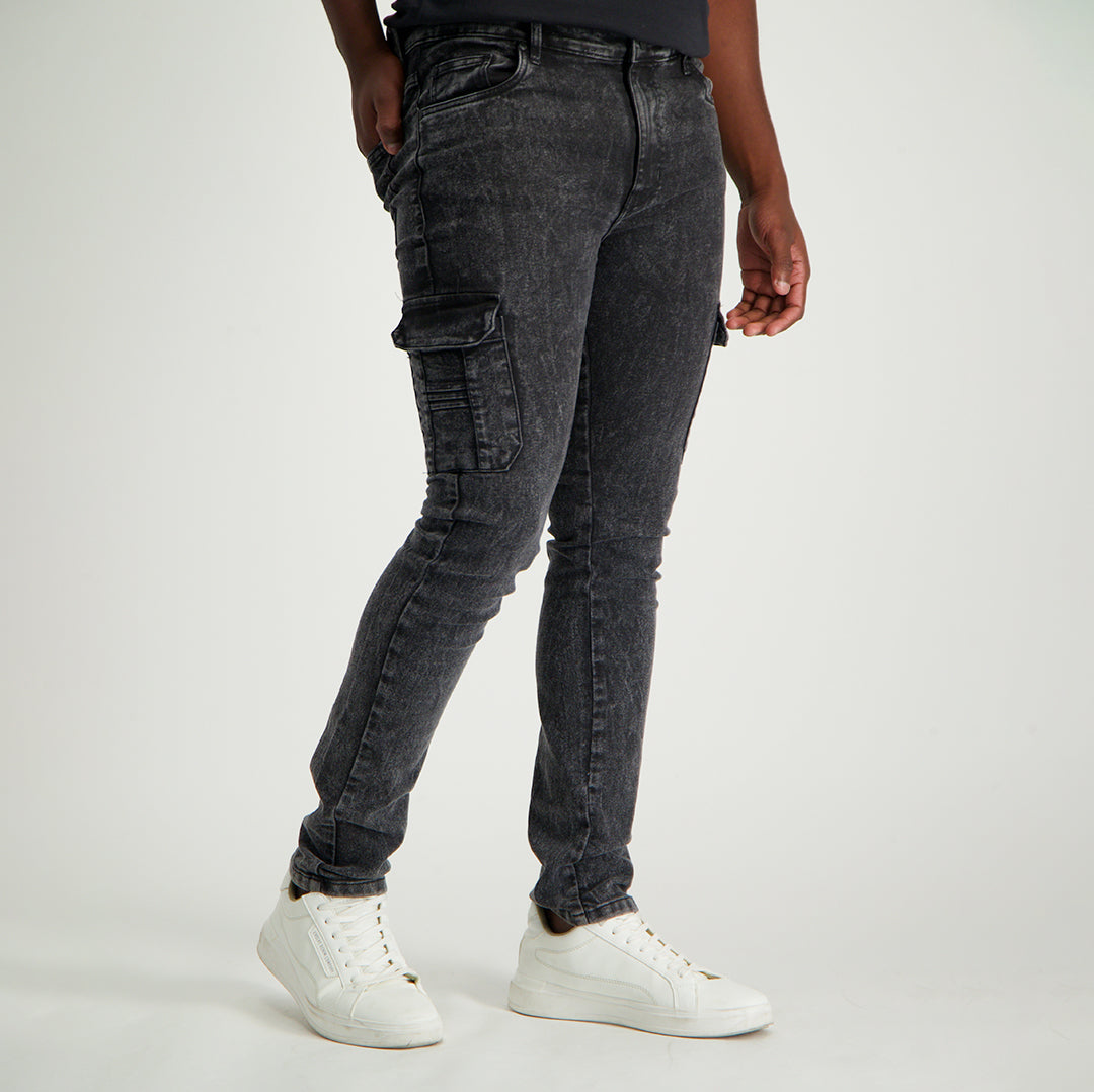MENS MODA BLACK ACID WASH DENIM CARGO JEANS