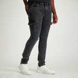 MENS MODA BLACK ACID WASH DENIM CARGO JEANS