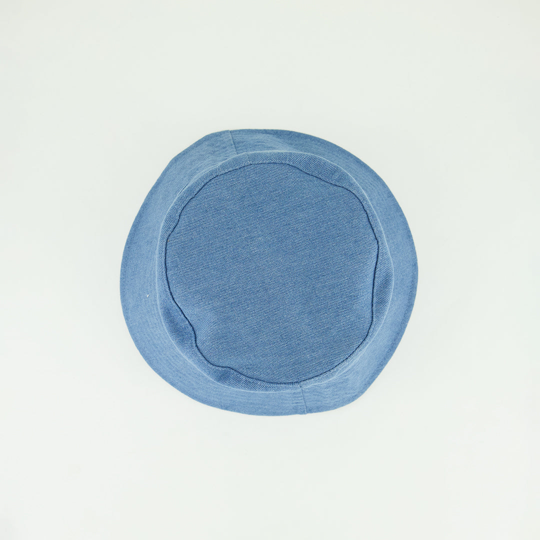 Denim Wide Brim Bucket Hat.Floral Print Detail.