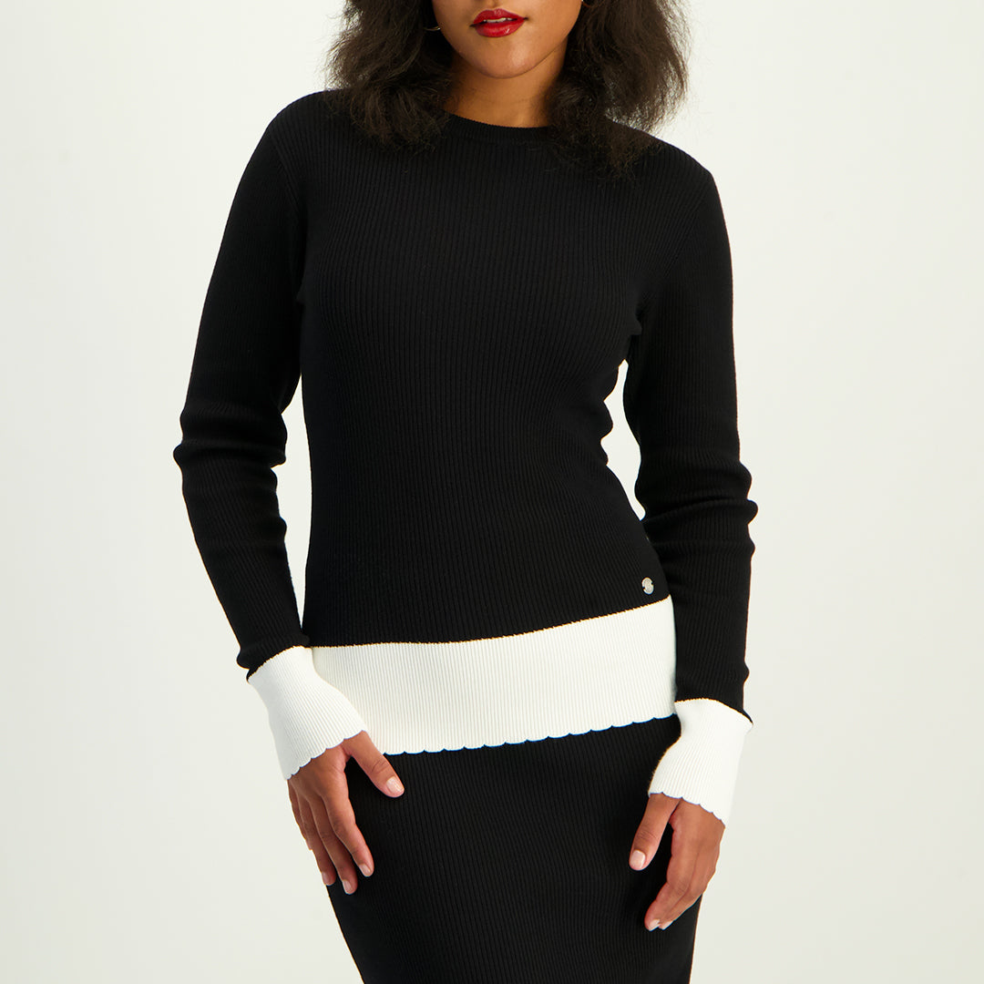 Ladies Black/Cream Long Sleeve Top