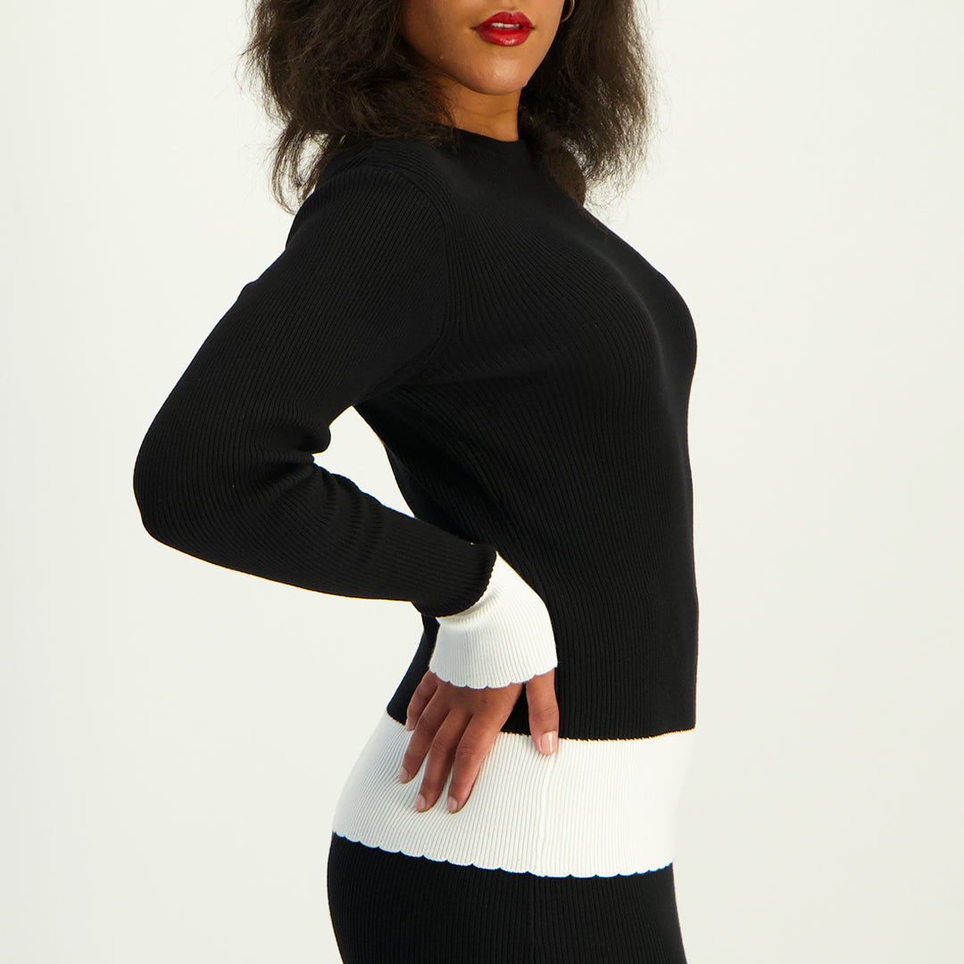 Ladies Black/Cream Long Sleeve Top