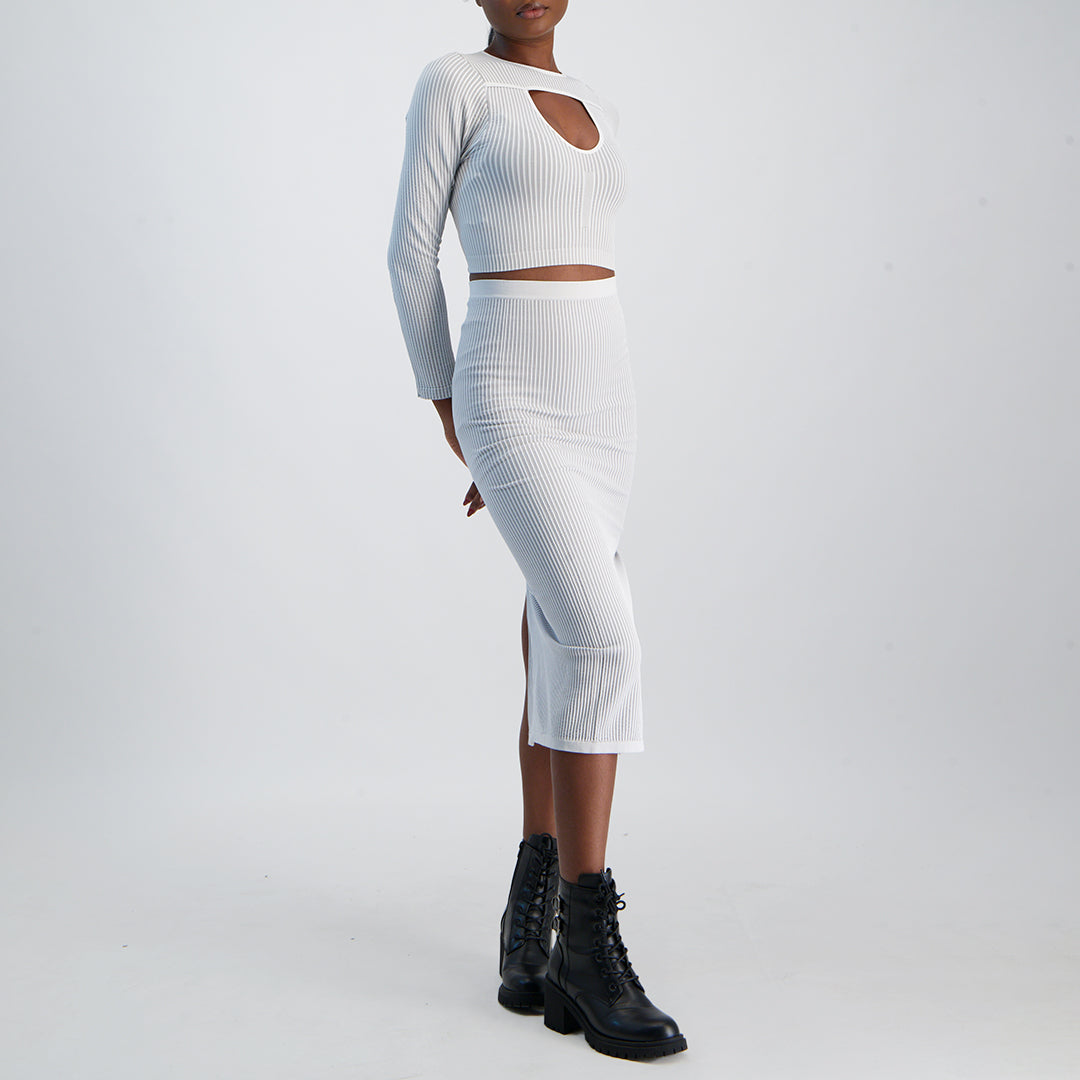 LADIES NOVA FASHION GREY AND WHITE  STRIPE  SLIT SKIRT
