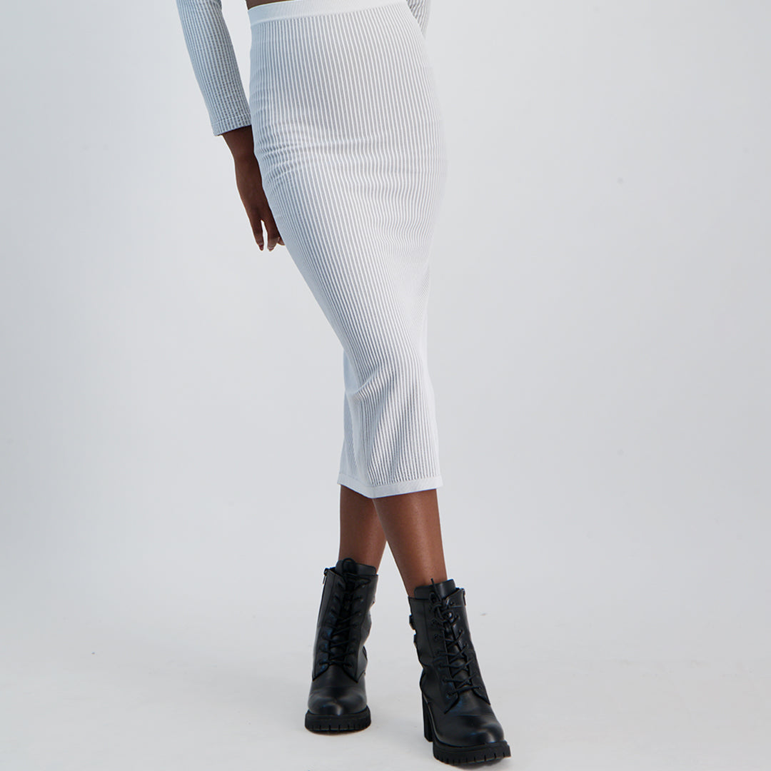 LADIES NOVA FASHION GREY AND WHITE  STRIPE  SLIT SKIRT