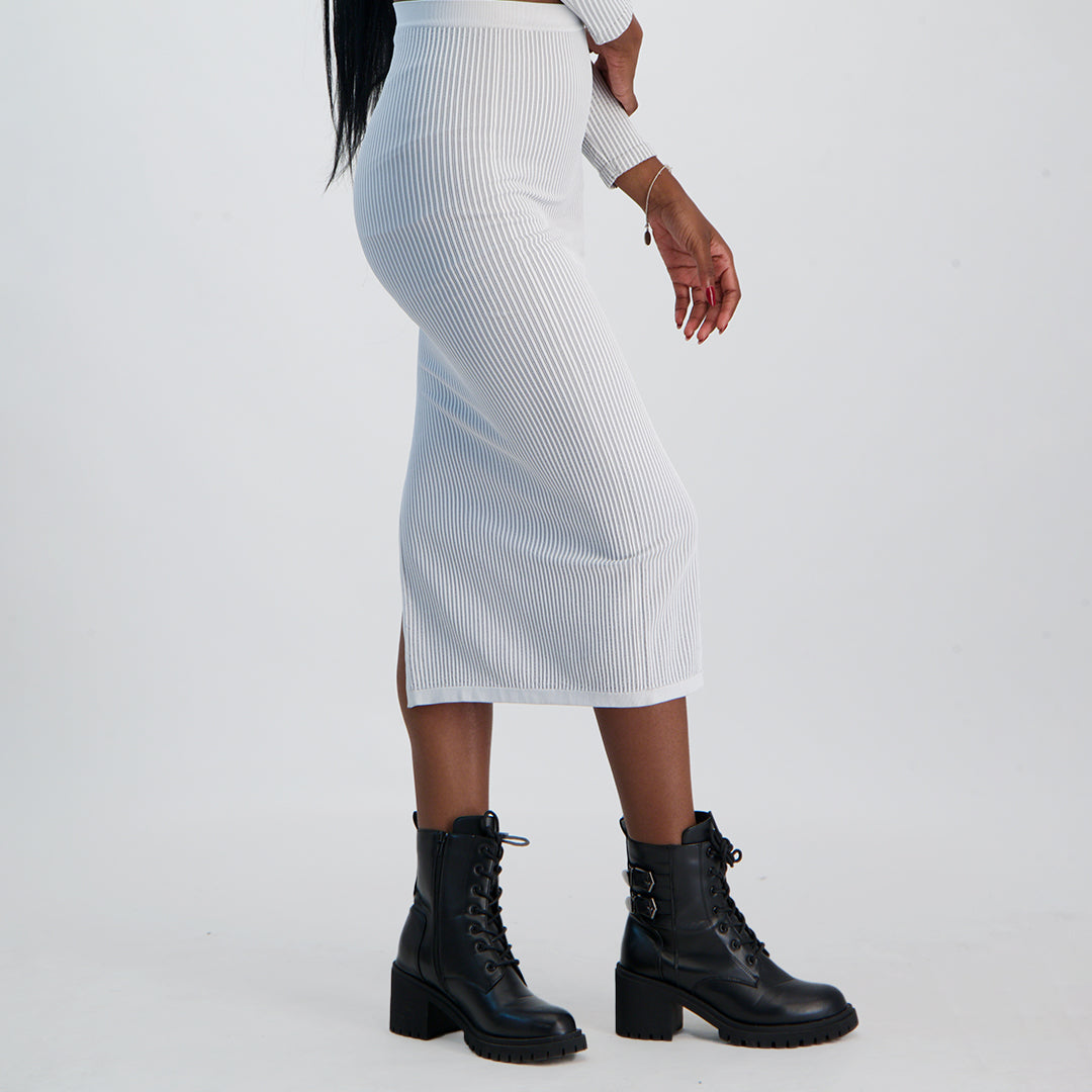 LADIES NOVA FASHION GREY AND WHITE  STRIPE  SLIT SKIRT