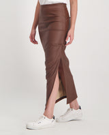LADIES NOVA FASHION MAXI PU SKIRT WITH RUCHING AND SIDE SLIT