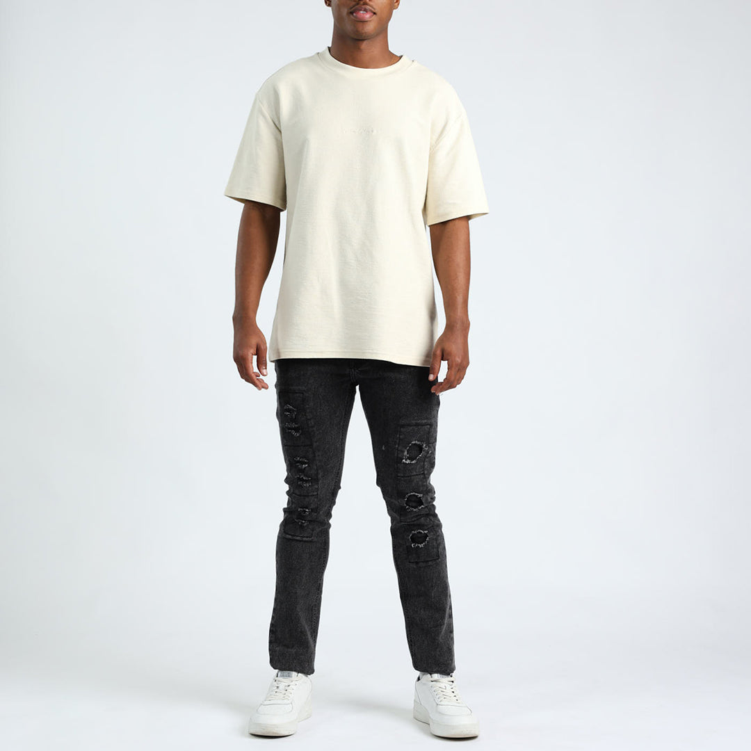 MENS MODA BLACK ACID DENIM RIP &amp; REPAIR JEANS