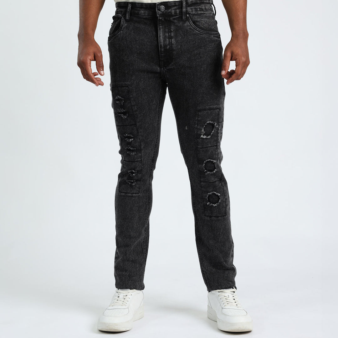 MENS MODA BLACK ACID DENIM RIP &amp; REPAIR JEANS