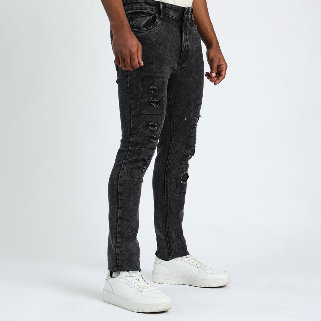 MENS MODA BLACK ACID DENIM RIP &amp; REPAIR JEANS