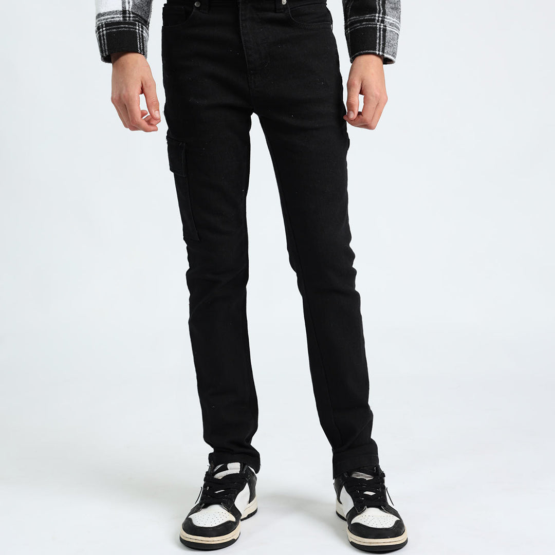 BOYS MODA BLACK DENIM CARGO JEANS