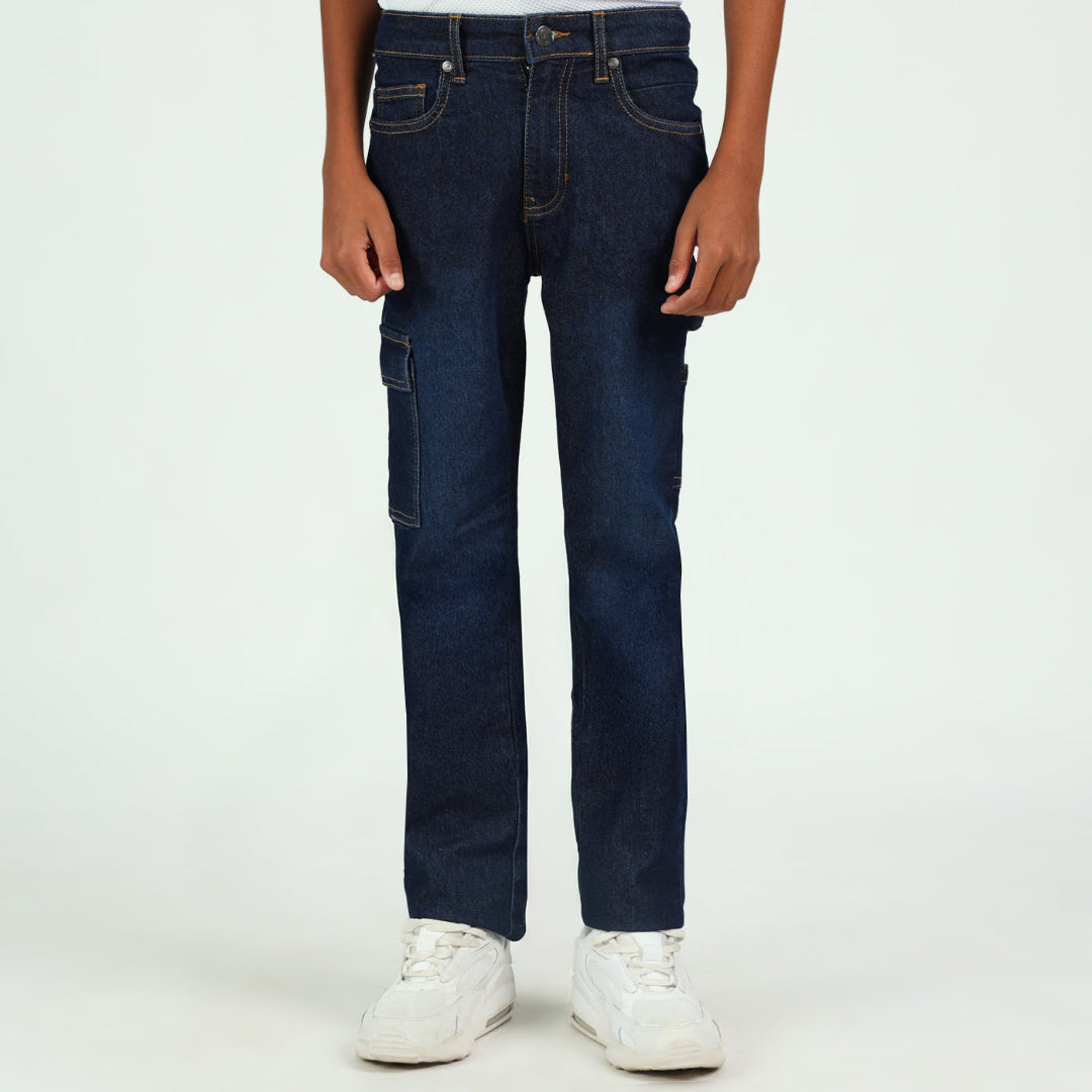 BOYS MODA DARK WASH BLUE DENIM CARGO JEANS