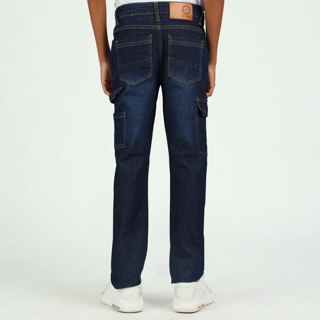 BOYS MODA DARK WASH BLUE DENIM CARGO JEANS
