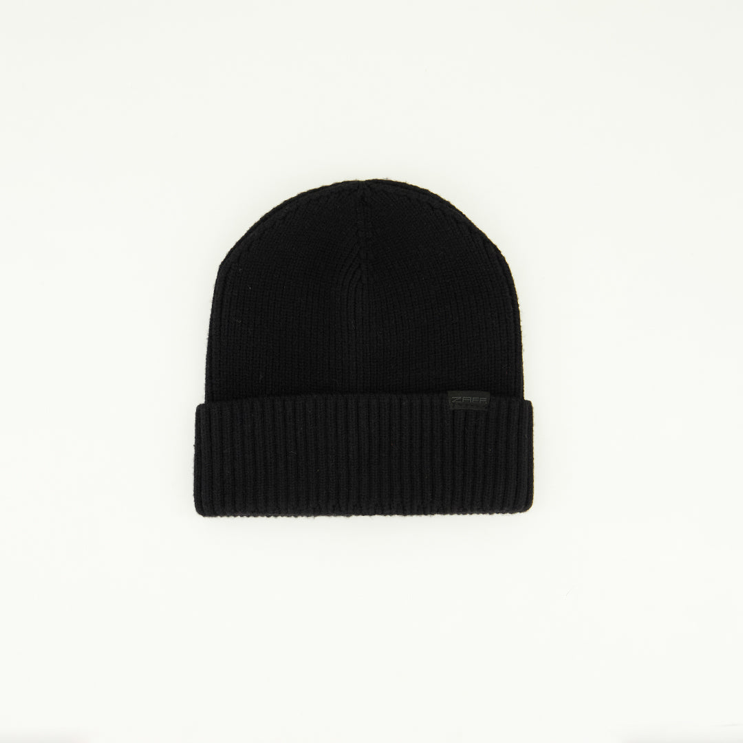 Ribbed Turn Up Viscose Beanie.Mock Suede Label.Rubber Z.